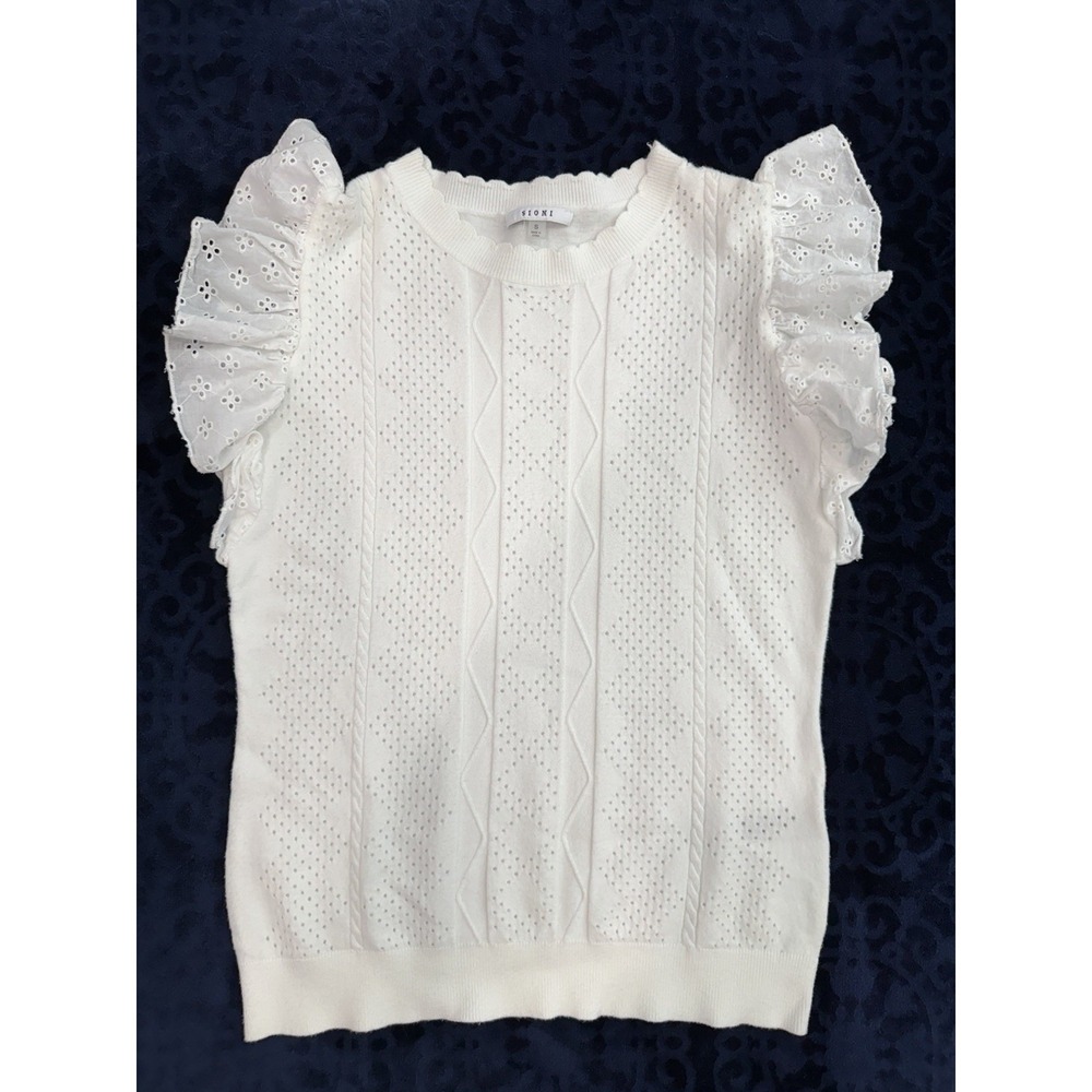 Sioni White Knit Sweater Small Eyelet Lace Flutter Sleeve Lightweight Top Boho